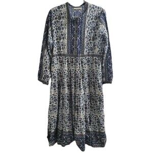 Lola Australia Dress Lg Blue White Floral Cotton Boho Midi LS Block Print